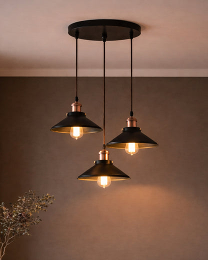3-Lights Round Cone Shade Cluster Chandelier Hanging Light, Decorative, Black, Kitchen Area and Dining Room Light, LED/Filament Light