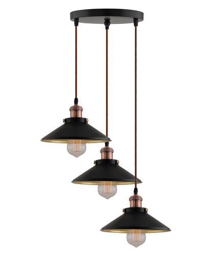 3-Lights Round Cone Shade Cluster Chandelier Hanging Light, Decorative, Black, Kitchen Area and Dining Room Light, LED/Filament Light