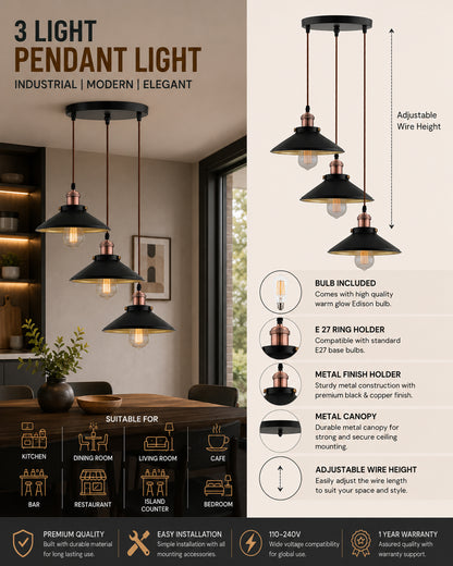 3-Lights Round Cone Shade Cluster Chandelier Hanging Light, Decorative, Black, Kitchen Area and Dining Room Light, LED/Filament Light
