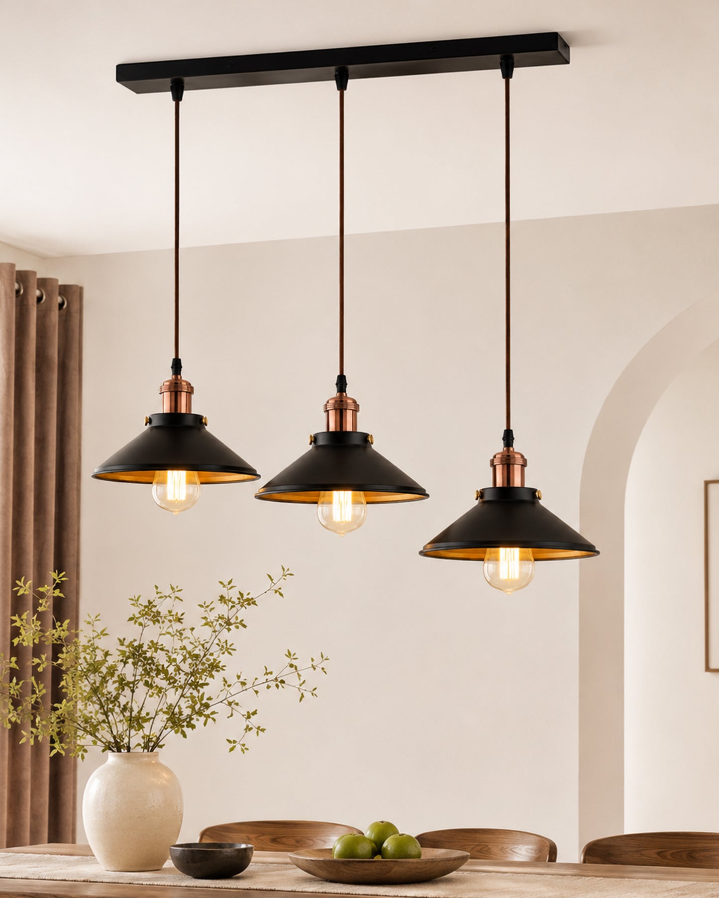 3-Lights Linear Cone Shade Cluster Chandelier Hanging Light, Decorative, Black, Kitchen Area and Dining Room Light, LED/Filament Light