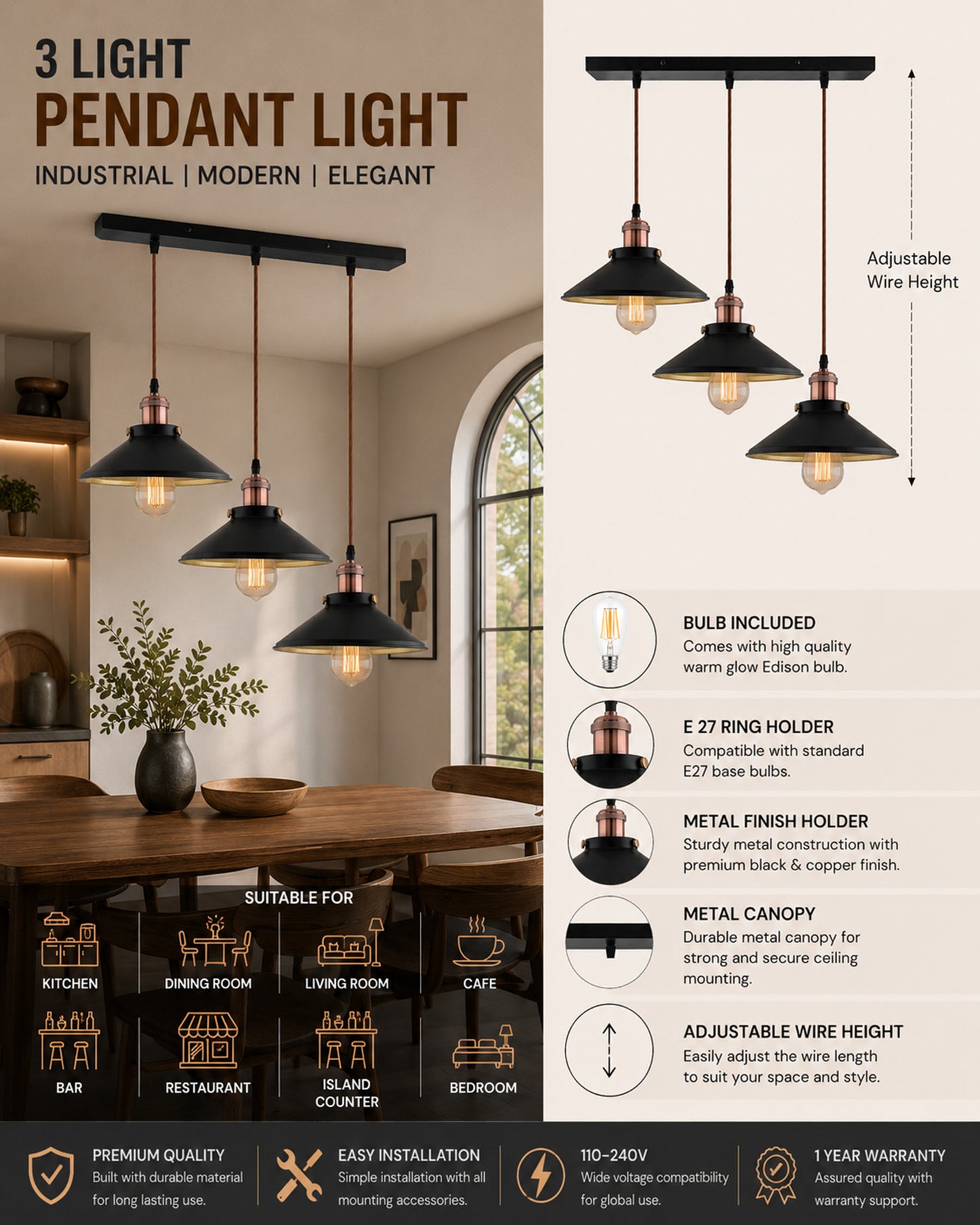 3-Lights Linear Cone Shade Cluster Chandelier Hanging Light, Decorative, Black, Kitchen Area and Dining Room Light, LED/Filament Light