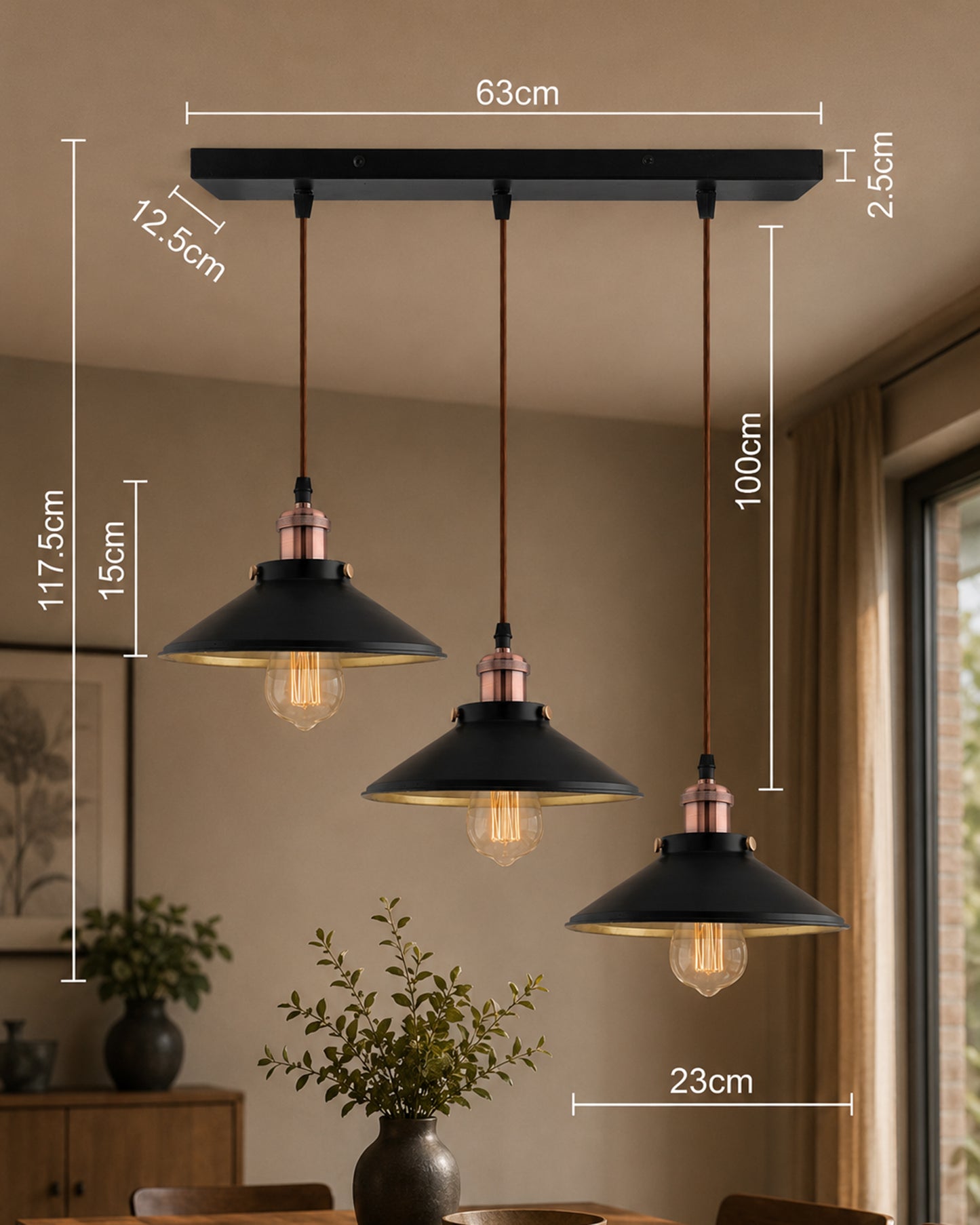 3-Lights Linear Cone Shade Cluster Chandelier Hanging Light, Decorative, Black, Kitchen Area and Dining Room Light, LED/Filament Light