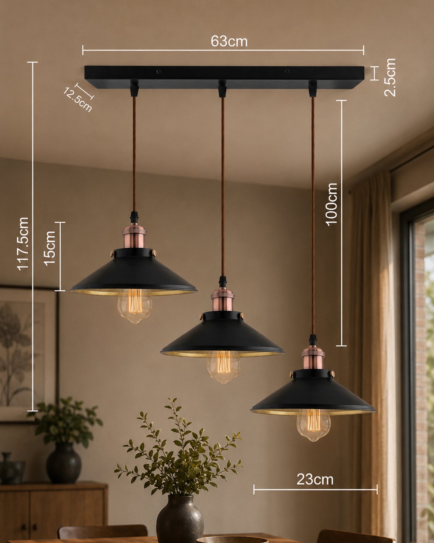 3-Lights Linear Cone Shade Cluster Chandelier Hanging Light, Decorative, Black, Kitchen Area and Dining Room Light, LED/Filament Light