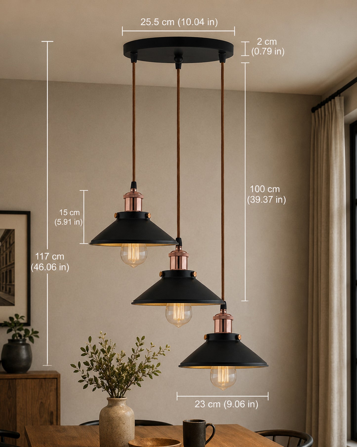 3-Lights Round Cone Shade Cluster Chandelier Hanging Light, Decorative, Black, Kitchen Area and Dining Room Light, LED/Filament Light