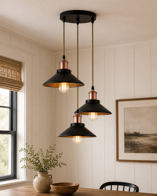 3-Lights Round Cone Shade Cluster Chandelier Hanging Light, Decorative, Black, Kitchen Area and Dining Room Light, LED/Filament Light