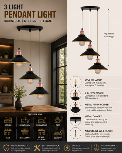 3-Lights Round Cone Shade Cluster Chandelier Hanging Light, Decorative, Black, Kitchen Area and Dining Room Light, LED/Filament Light