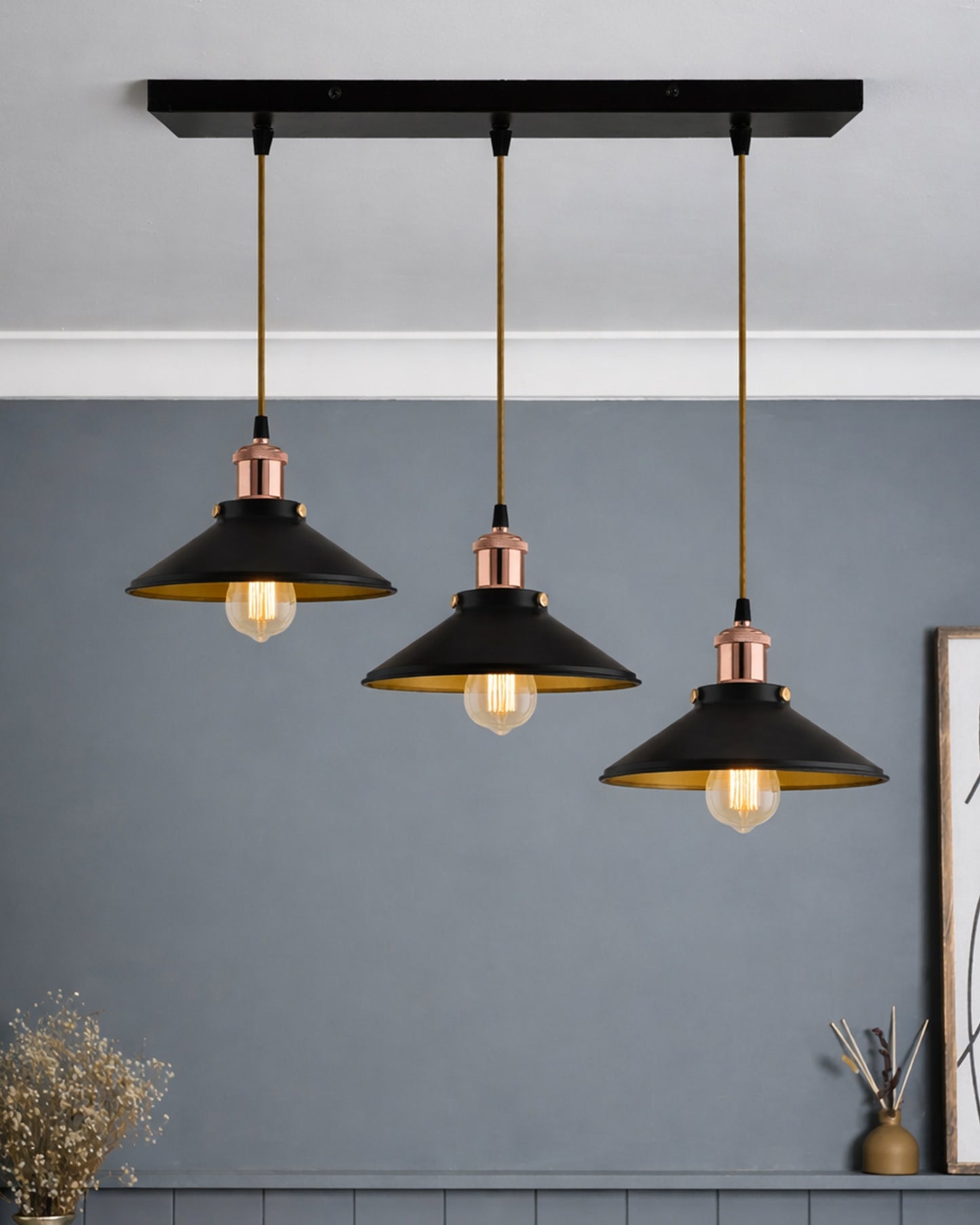 3-Lights Linear Cone Shade Cluster Chandelier Hanging Light, Decorative, Black, Kitchen Area and Dining Room Light, LED/Filament Light