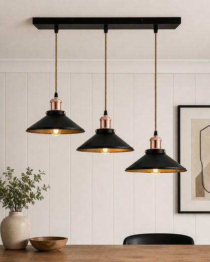 3-Lights Linear Cone Shade Cluster Chandelier Hanging Light, Decorative, Black, Kitchen Area and Dining Room Light, LED/Filament Light