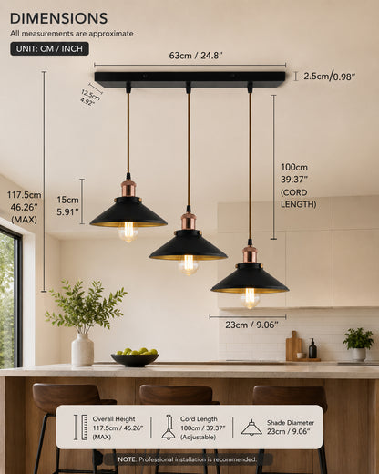 3-Lights Linear Cone Shade Cluster Chandelier Hanging Light, Decorative, Black, Kitchen Area and Dining Room Light, LED/Filament Light