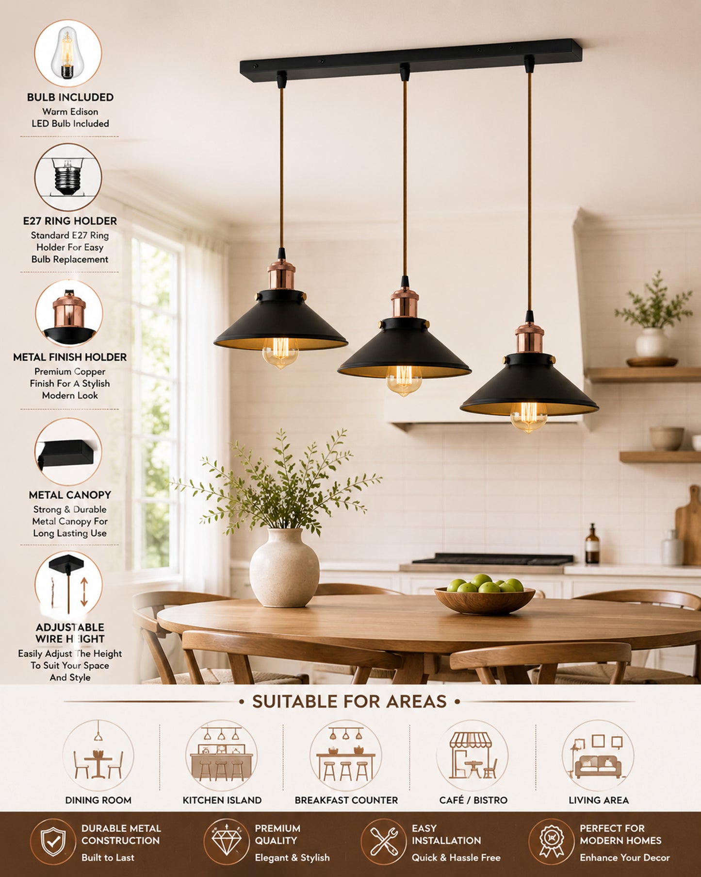 3-Lights Linear Cone Shade Cluster Chandelier Hanging Light, Decorative, Black, Kitchen Area and Dining Room Light, LED/Filament Light