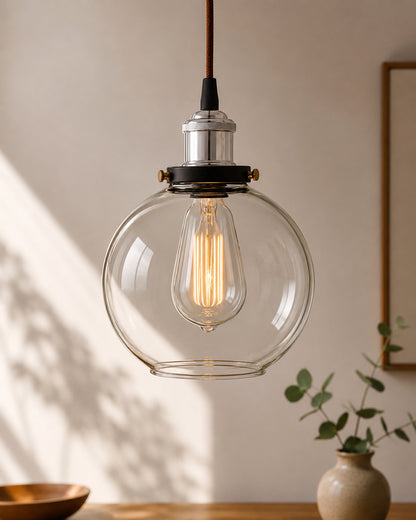 Industrial Kitchen Glass Globe Pendant Light , Antique Filament Hanging Ceiling Fixture, Nickel