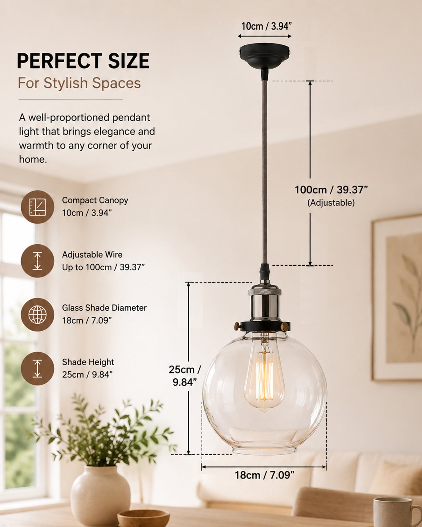 Industrial Kitchen Glass Globe Pendant Light , Antique Filament Hanging Ceiling Fixture, Nickel