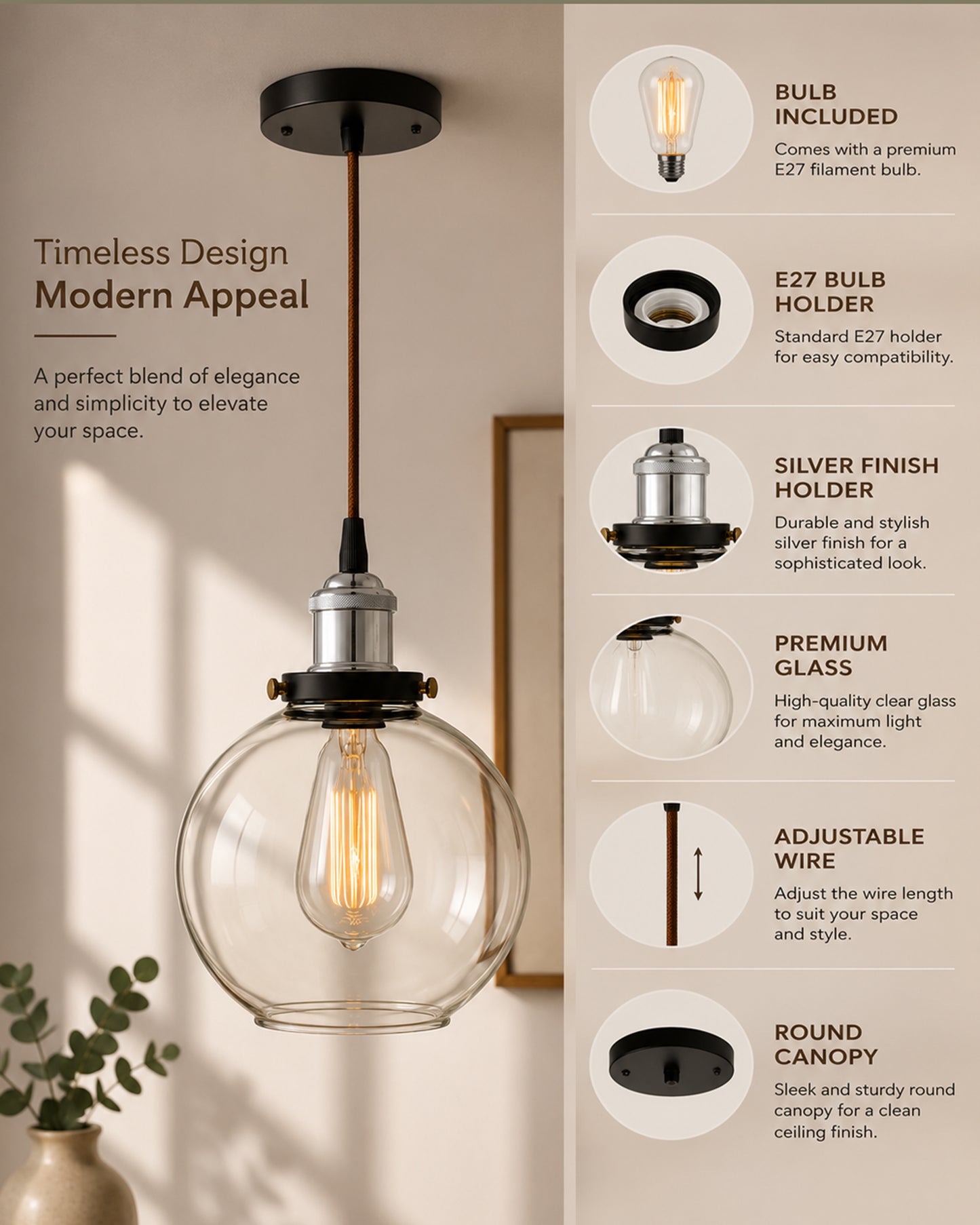Industrial Kitchen Glass Globe Pendant Light , Antique Filament Hanging Ceiling Fixture, Nickel