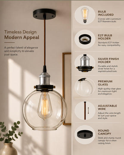 Industrial Kitchen Glass Globe Pendant Light , Antique Filament Hanging Ceiling Fixture, Nickel
