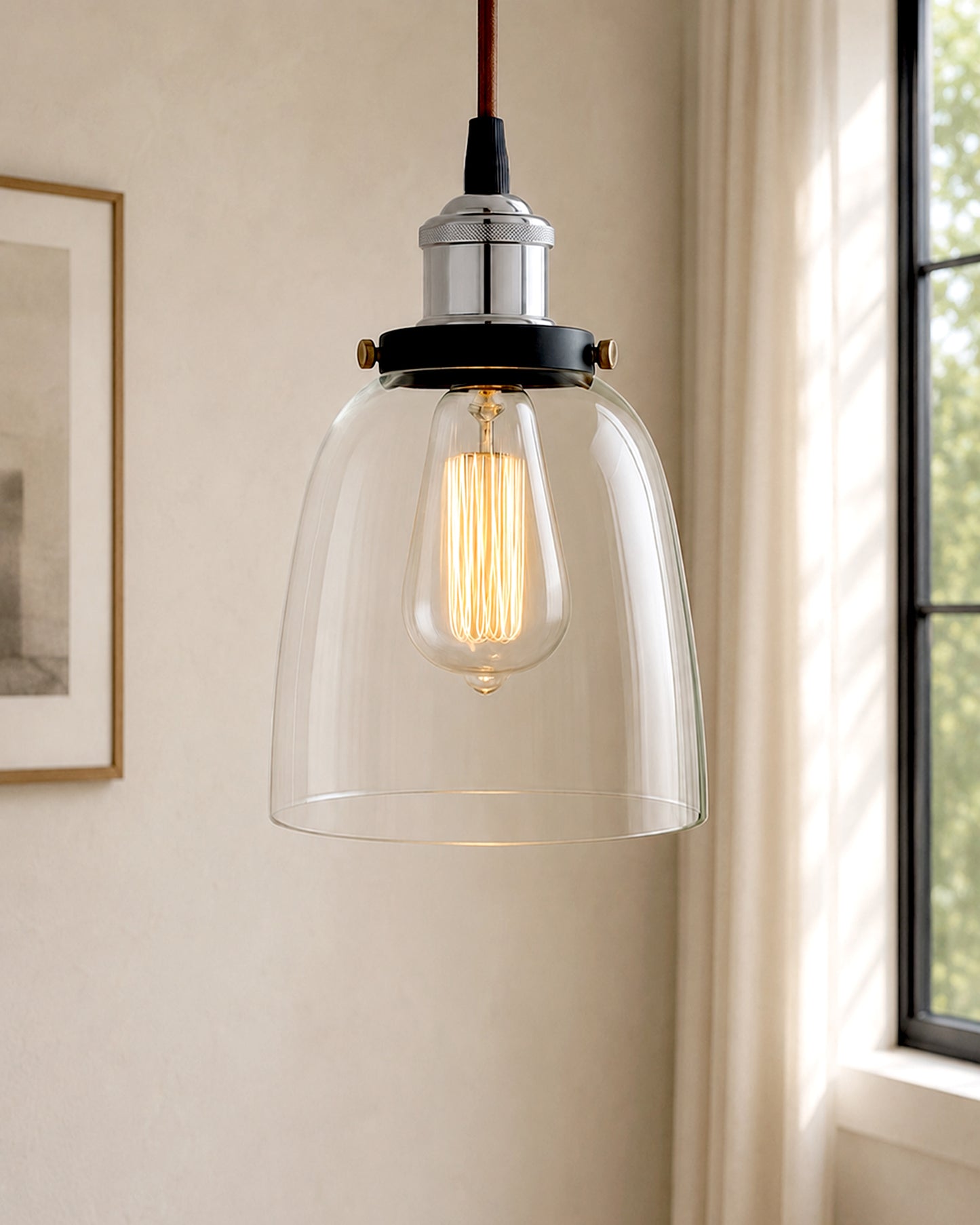 Pendant Light with Bell Glass Shade, Metal Base Cap and Adjustable Textile Cord, Industrial Style Retro Hanging Lamps for Dining Living Room, Nickel