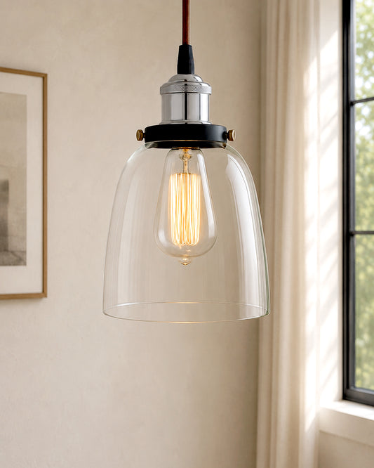Pendant Light with Bell Glass Shade, Metal Base Cap and Adjustable Textile Cord, Industrial Style Retro Hanging Lamps for Dining Living Room, Nickel
