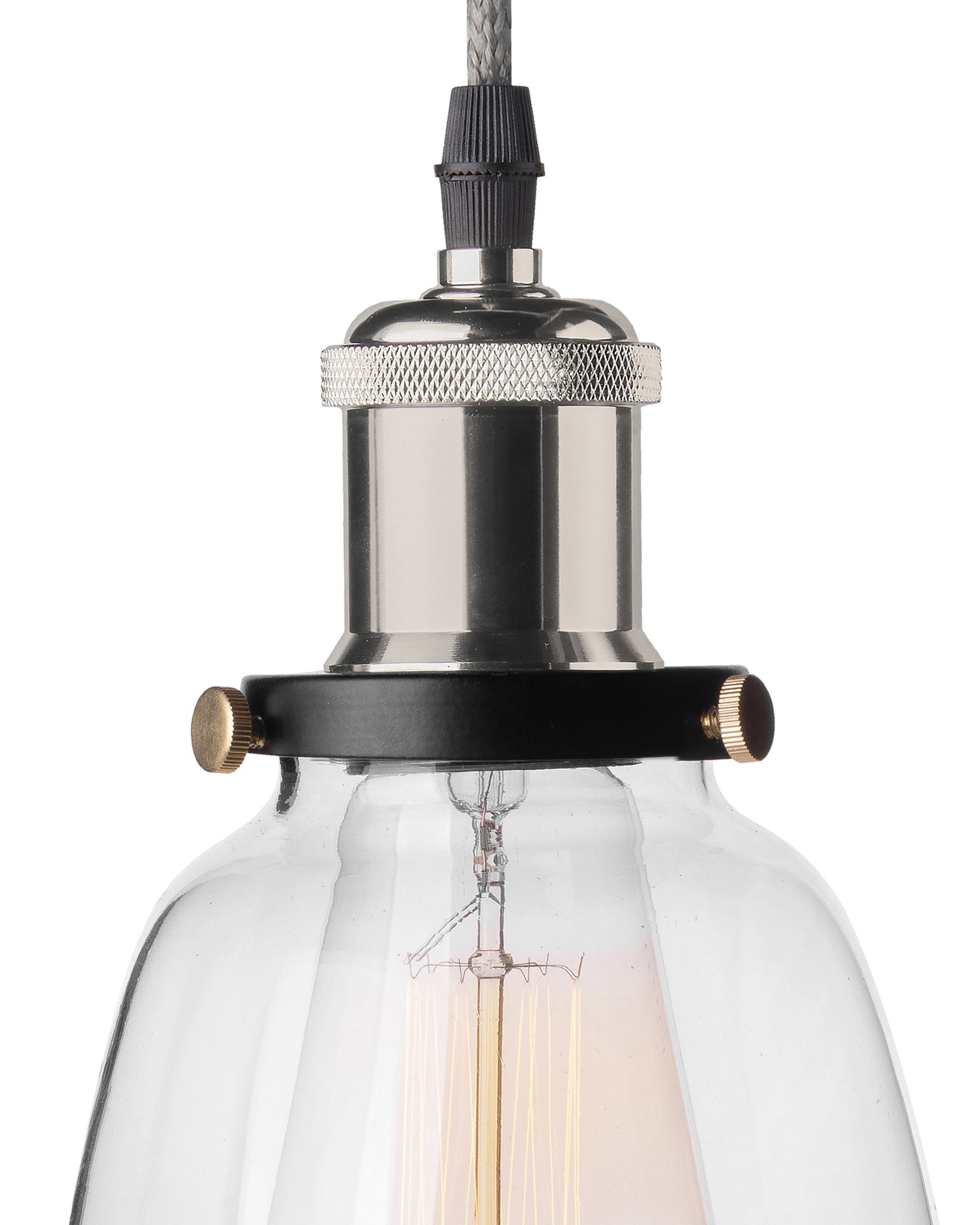 Pendant Light with Bell Glass Shade, Metal Base Cap and Adjustable Textile Cord, Industrial Style Retro Hanging Lamps for Dining Living Room, Nickel