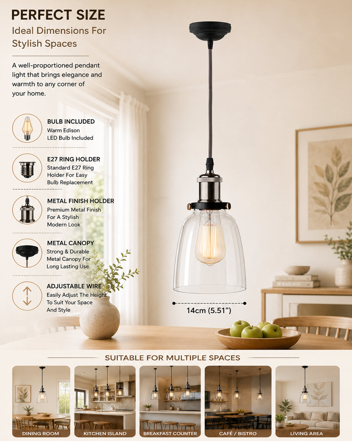 Pendant Light with Bell Glass Shade, Metal Base Cap and Adjustable Textile Cord, Industrial Style Retro Hanging Lamps for Dining Living Room, Nickel