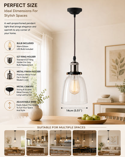 Pendant Light with Bell Glass Shade, Metal Base Cap and Adjustable Textile Cord, Industrial Style Retro Hanging Lamps for Dining Living Room, Nickel