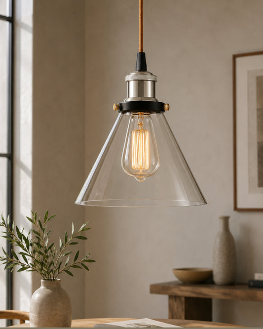 Industrial Kitchen Glass Cone Pendant Light , Antique Filament Hanging Blown Glass Ceiling Light, Nickel
