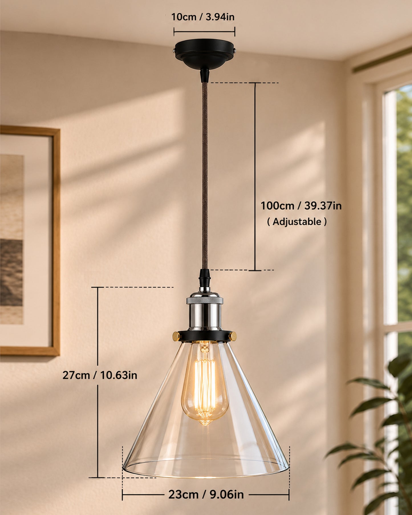 Industrial Kitchen Glass Cone Pendant Light , Antique Filament Hanging Blown Glass Ceiling Light, Nickel