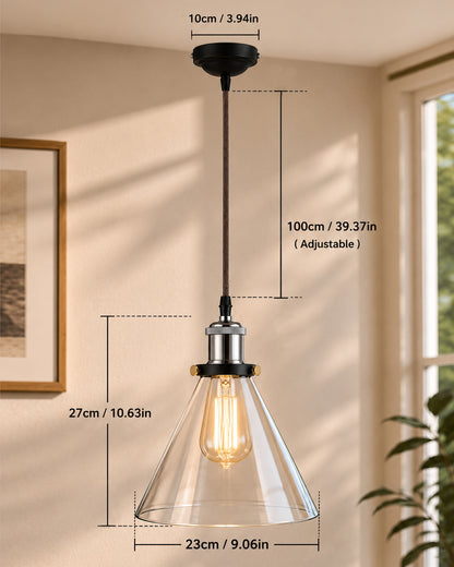 Industrial Kitchen Glass Cone Pendant Light , Antique Filament Hanging Blown Glass Ceiling Light, Nickel