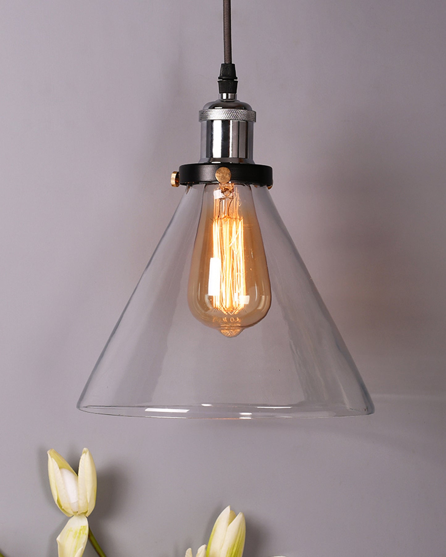 Industrial Kitchen Glass Cone Pendant Light , Antique Filament Hanging Blown Glass Ceiling Light, Nickel