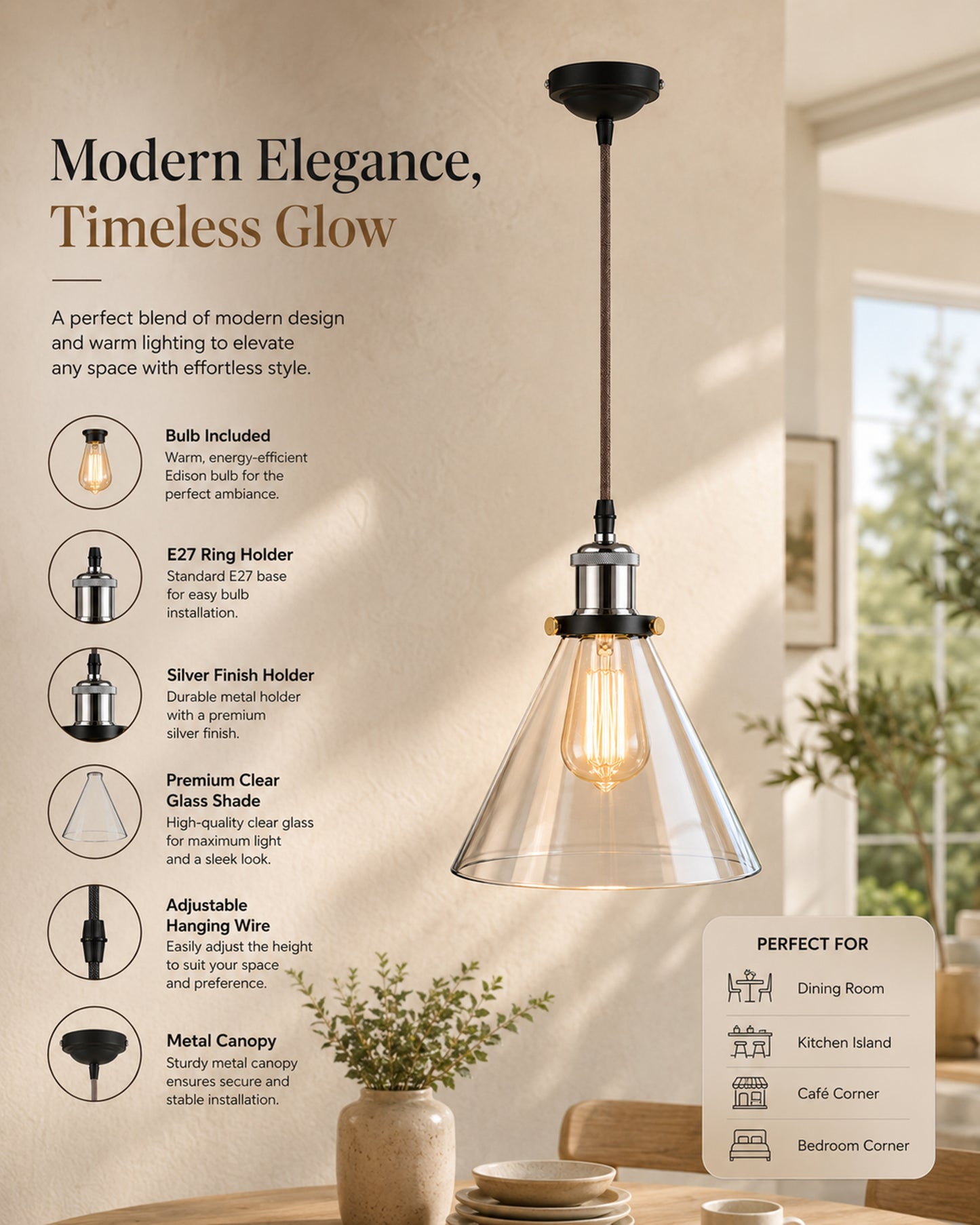 Industrial Kitchen Glass Cone Pendant Light , Antique Filament Hanging Blown Glass Ceiling Light, Nickel