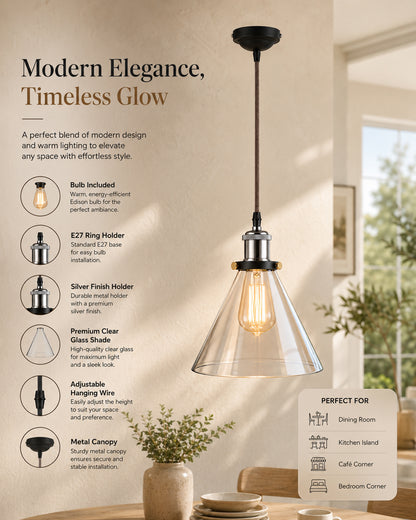 Industrial Kitchen Glass Cone Pendant Light , Antique Filament Hanging Blown Glass Ceiling Light, Nickel