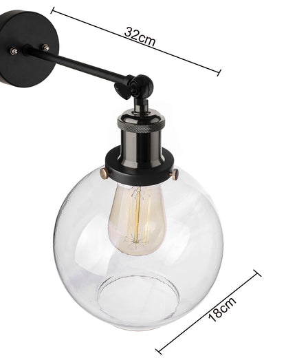 Edison Industrial Glass Globe Wall Lamp, Nickel Vintage Industrial Loft, E27 Holder, Decorative, Swing Wall Light, Filament/LED