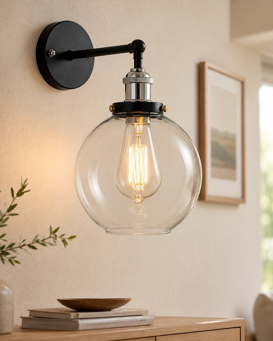 Edison Industrial Glass Globe Wall Lamp, Nickel Vintage Industrial Loft, E27 Holder, Decorative, Swing Wall Light, Filament/LED