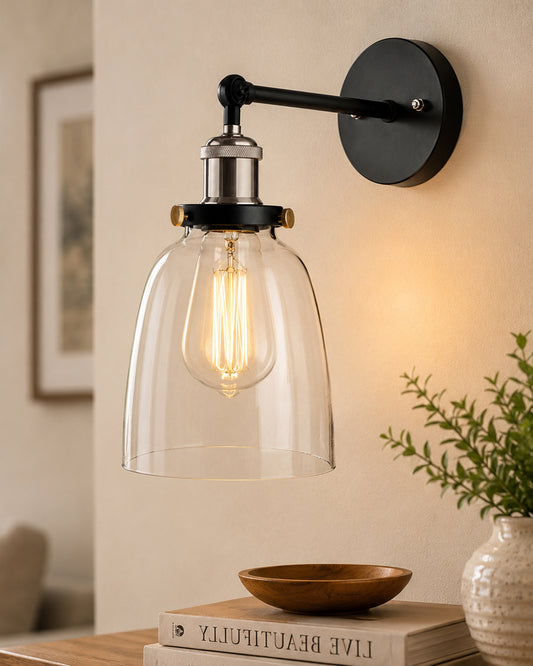 Edison Industrial Glass Bell Wall Lamp, Nickel Vintage Industrial Loft, E27 Holder, Decorative, Swing Wall Light, Filament/LED