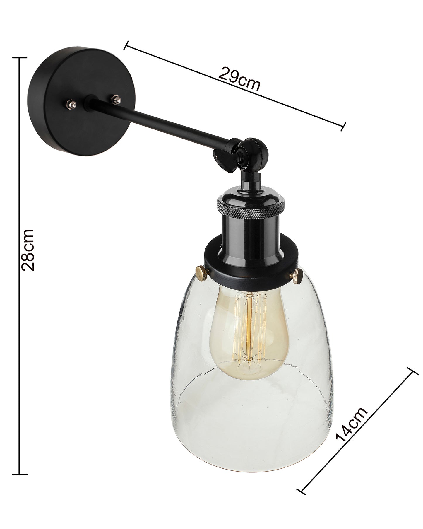 Edison Industrial Glass Bell Wall Lamp, Nickel Vintage Industrial Loft, E27 Holder, Decorative, Swing Wall Light, Filament/LED