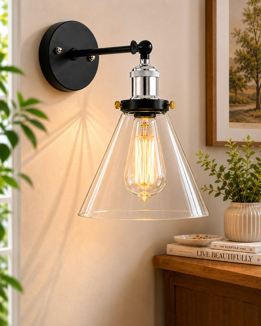 Edison Industrial Glass Cone Wall Lamp, Nickel Vintage Industrial Loft, E27 Holder, Decorative, Swing Wall Light, Filament/LED