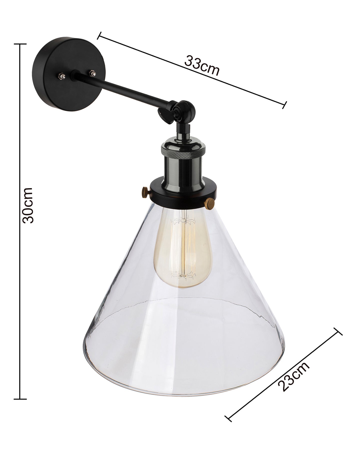 Edison Industrial Glass Cone Wall Lamp, Nickel Vintage Industrial Loft, E27 Holder, Decorative, Swing Wall Light, Filament/LED
