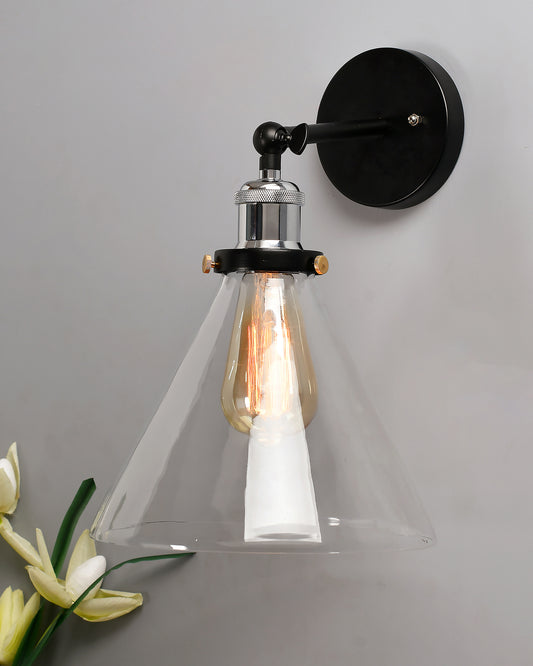 Edison Industrial Glass Cone Wall Lamp, Nickel Vintage Industrial Loft, E27 Holder, Decorative, Swing Wall Light, Filament/LED