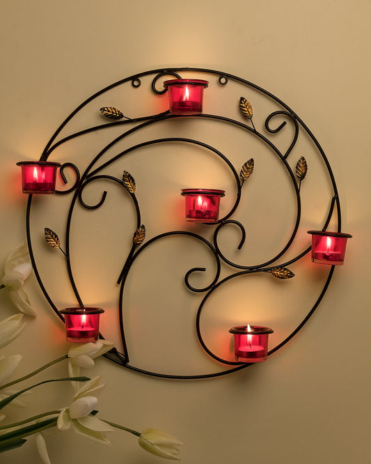 Round Wall Tealight Holder with Leafy Touch, Wall Decor Candle Stand