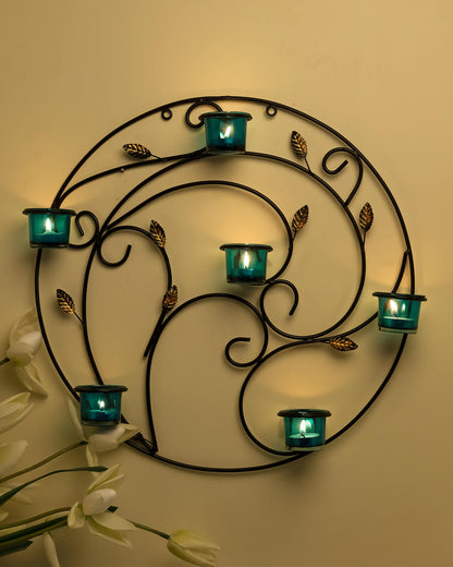 Round Wall Tealight Holder with Leafy Touch, Wall Decor Candle Stand
