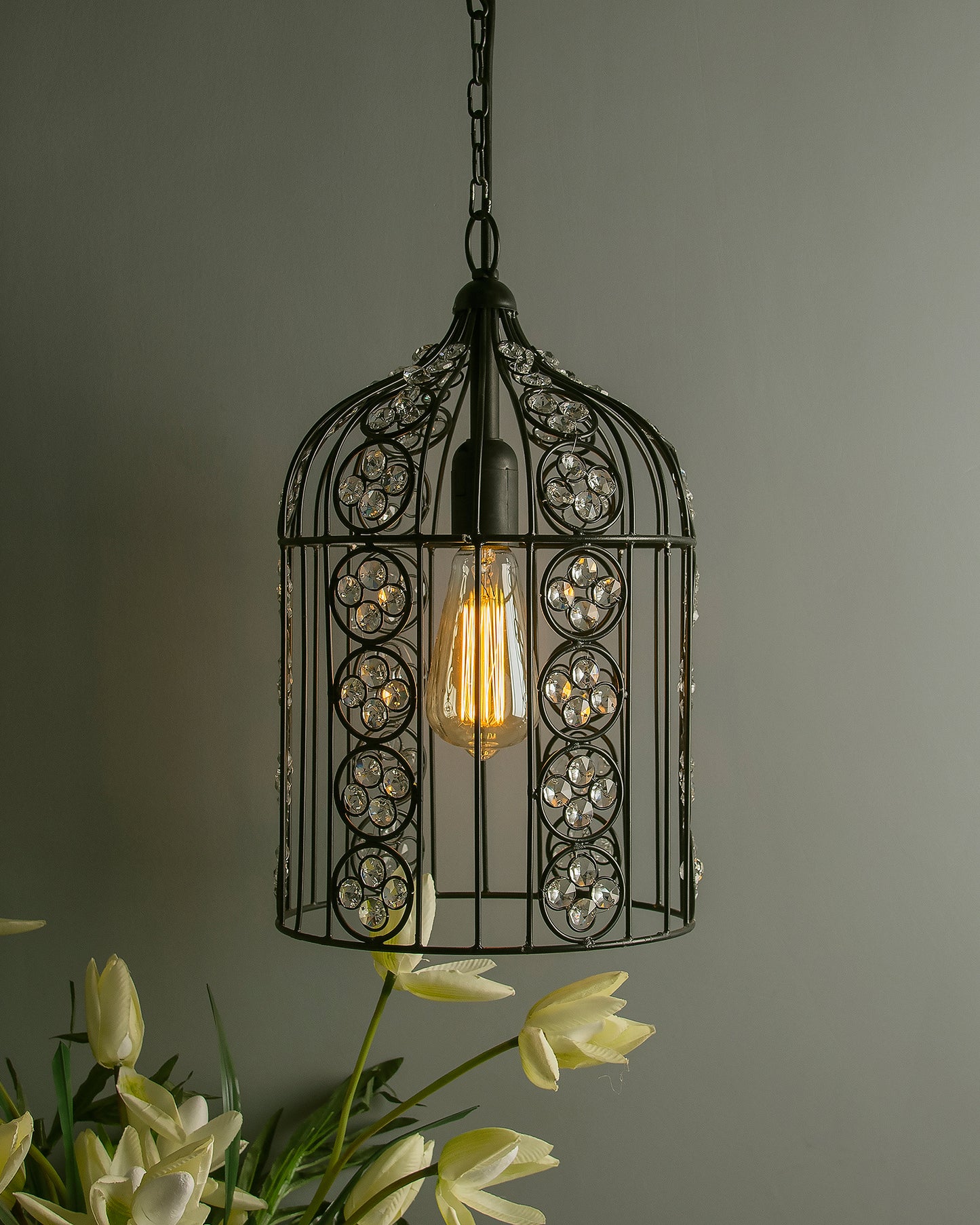 Crystal Bird Cage Chandelier Lighting Black Bronze Iron Chandelier Ceiling Light Fixture, Hanging Lamp with Filament Bulb