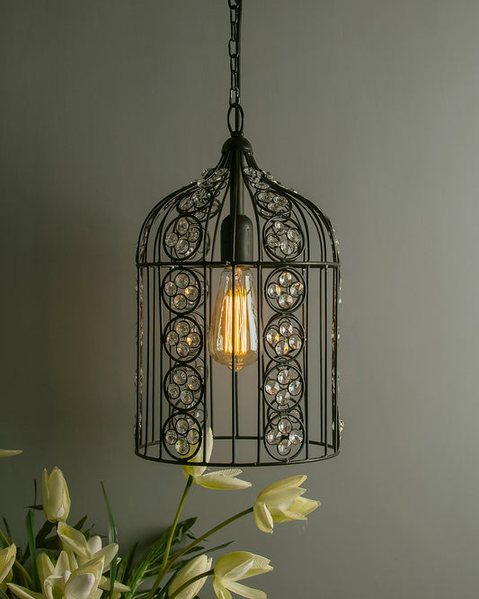 Crystal Bird Cage Chandelier Lighting Black Bronze Iron Chandelier Ceiling Light Fixture, Hanging Lamp with Filament Bulb