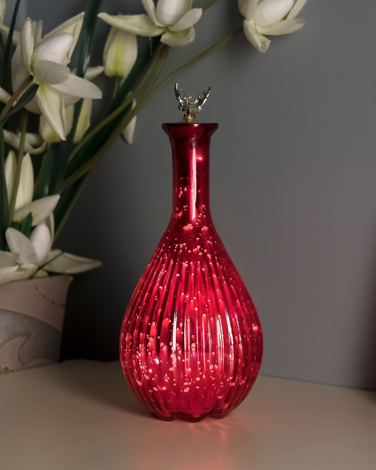 Mercury Red Ovoid Bottle Copper Star String Lights , Warm White LED Fairy Lights