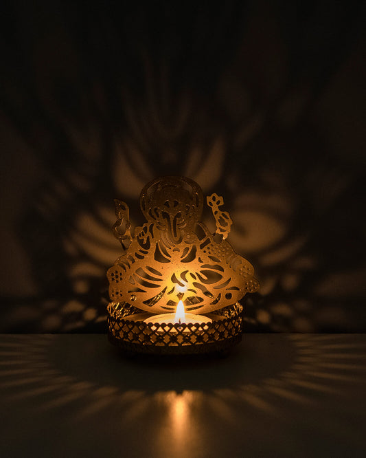 Set of 2 Shadow Metal Tea Light Holder, Brass finish Puja Diwali candle Holder with Free Wax diya