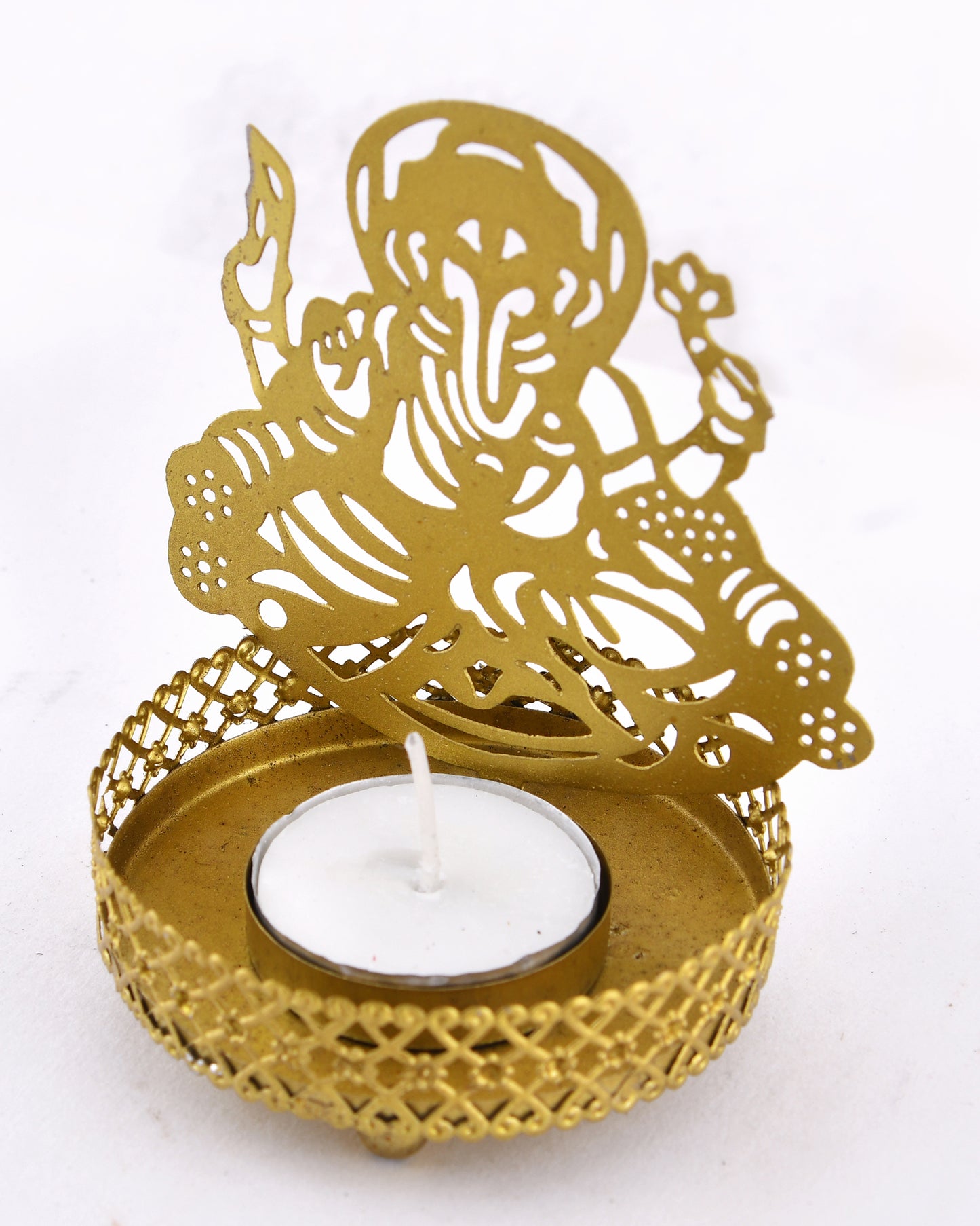 Set of 2 Shadow Metal Tea Light Holder, Brass finish Puja Diwali candle Holder with Free Wax diya