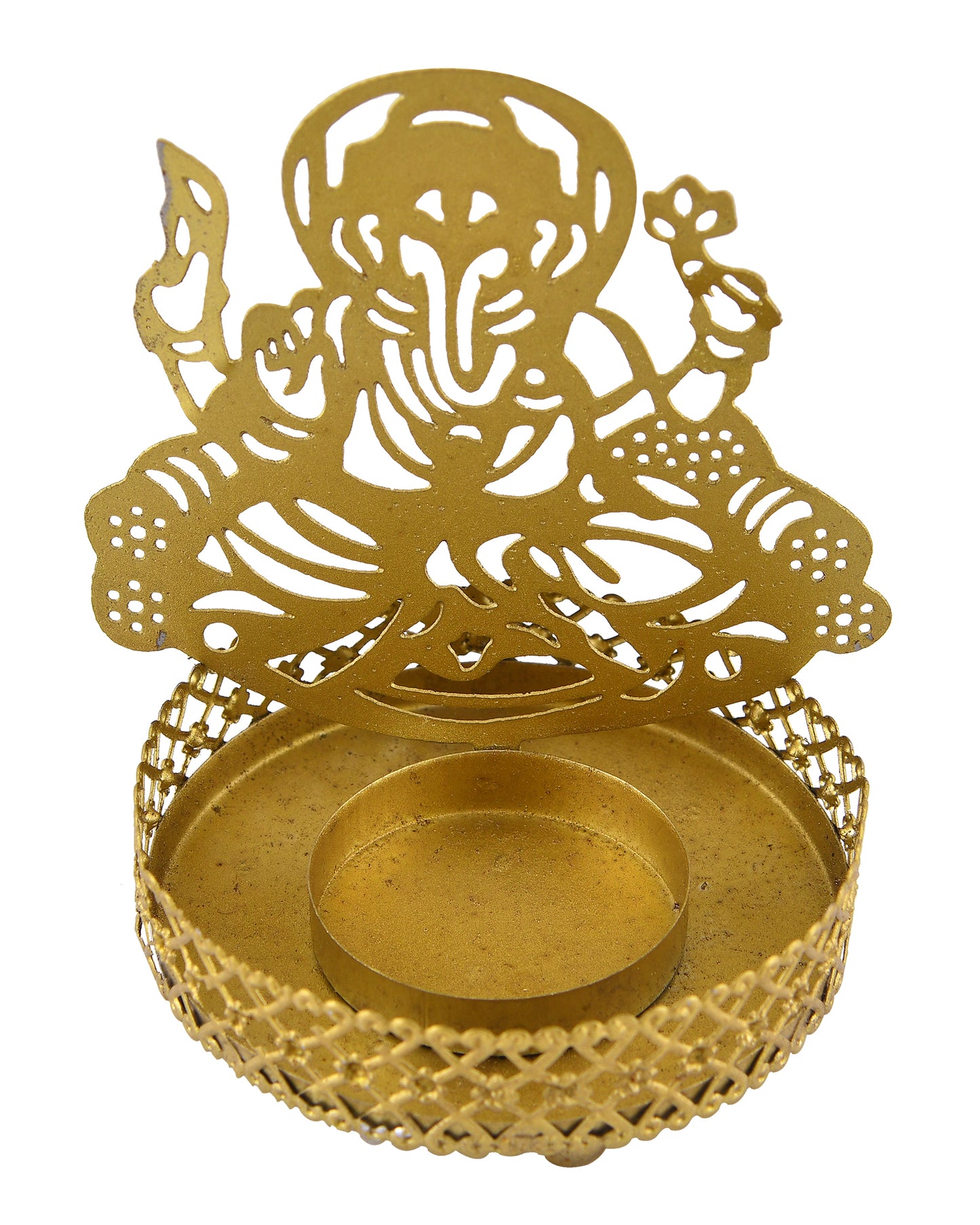 Set of 2 Shadow Metal Tea Light Holder, Brass finish Puja Diwali candle Holder with Free Wax diya