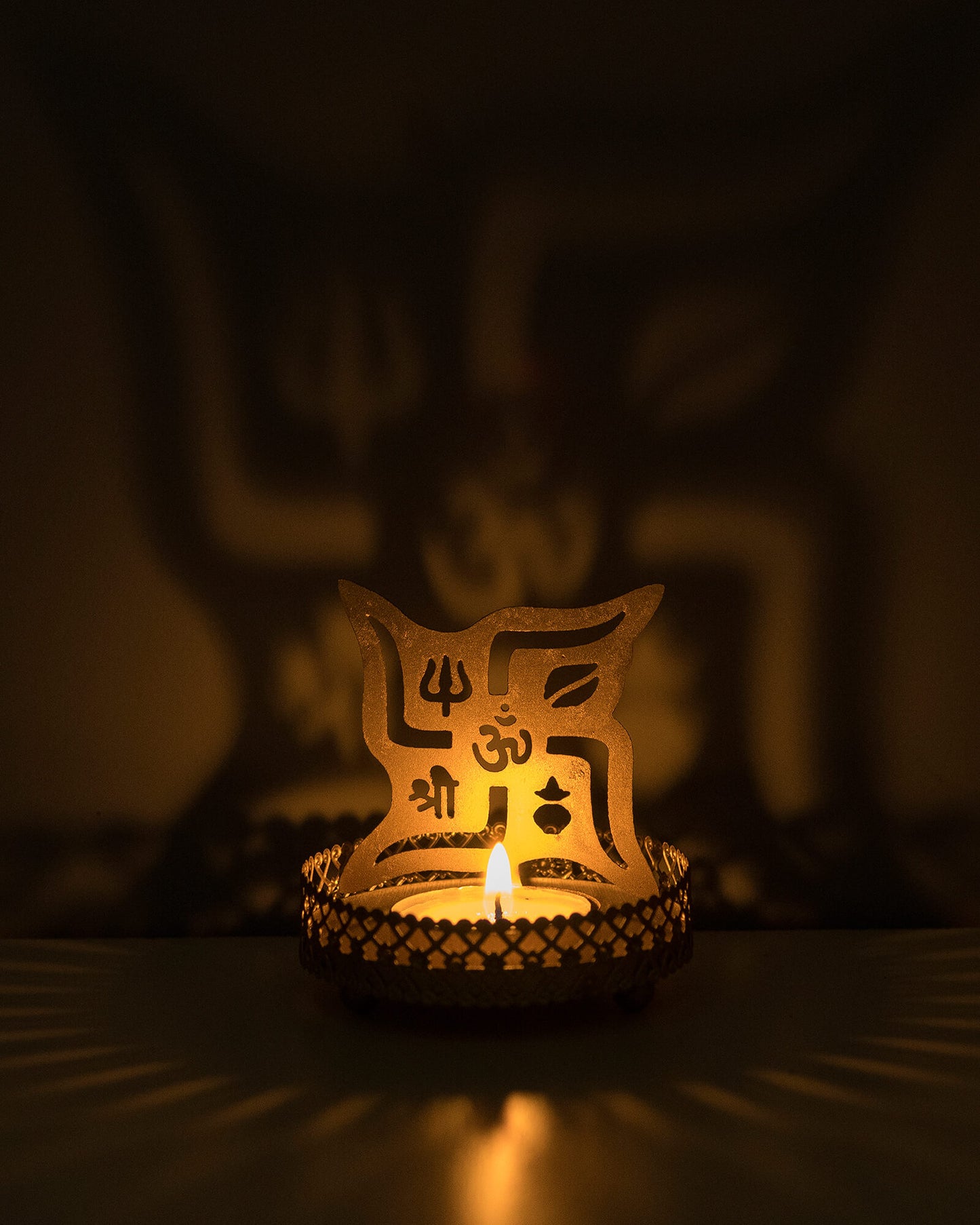 Set of 2 Shadow Metal Tea Light Holder, Brass finish Puja Diwali candle Holder with Free Wax diya