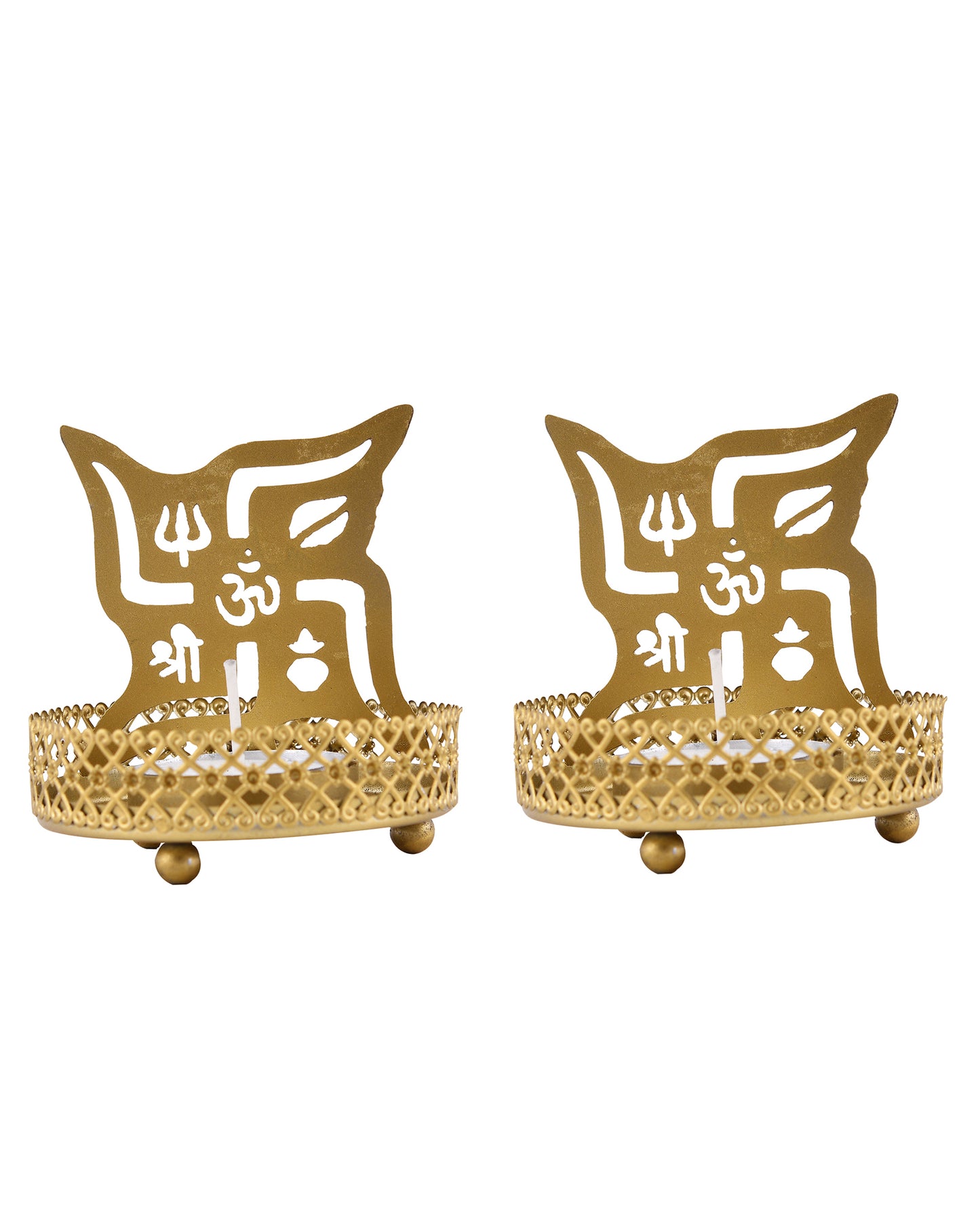 Set of 2 Shadow Metal Tea Light Holder, Brass finish Puja Diwali candle Holder with Free Wax diya
