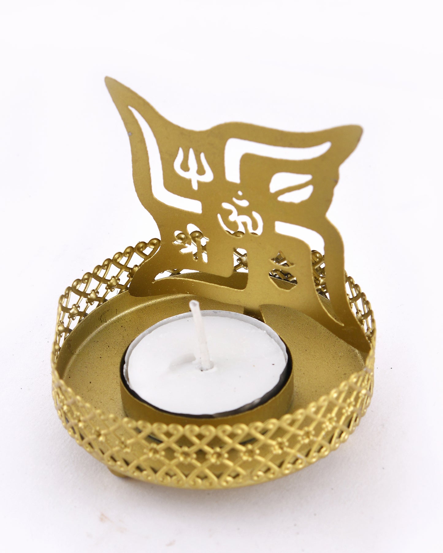 Set of 2 Shadow Metal Tea Light Holder, Brass finish Puja Diwali candle Holder with Free Wax diya