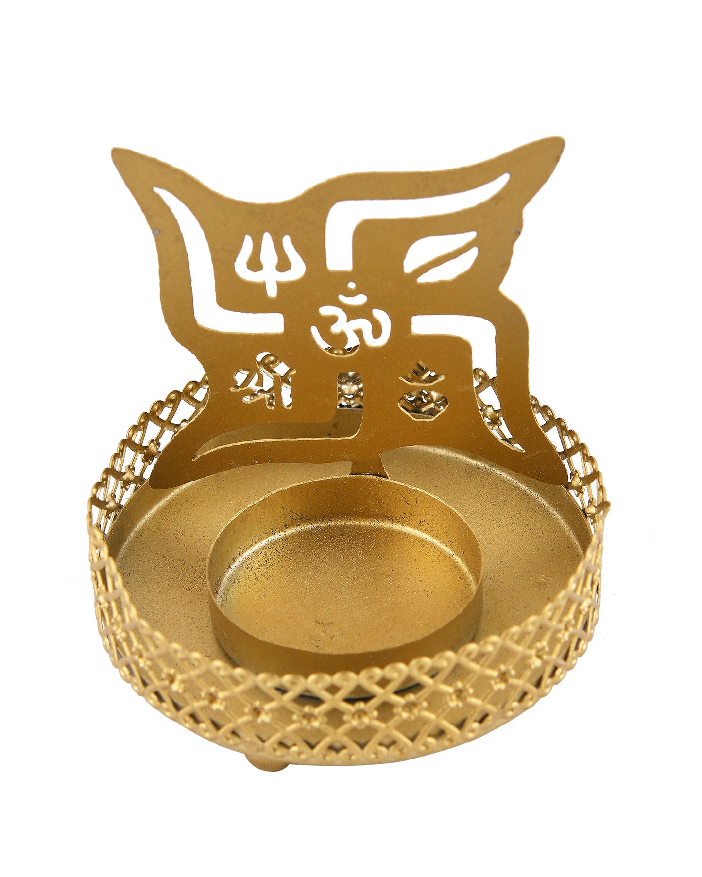 Set of 2 Shadow Metal Tea Light Holder, Brass finish Puja Diwali candle Holder with Free Wax diya