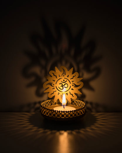 Set of 2 Shadow Metal Tea Light Holder, Brass finish Puja Diwali candle Holder with Free Wax diya
