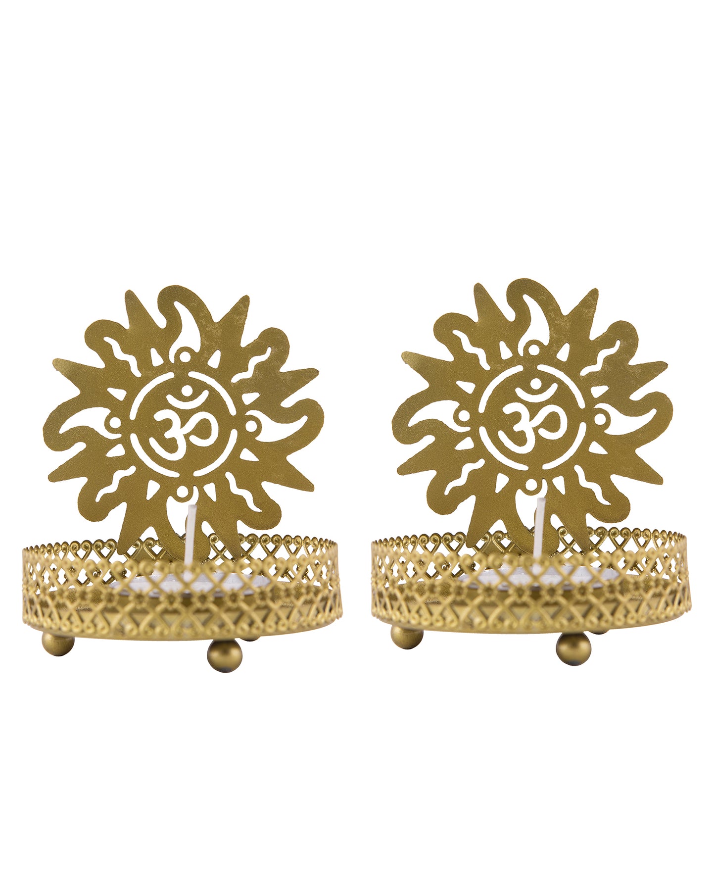 Set of 2 Shadow Metal Tea Light Holder, Brass finish Puja Diwali candle Holder with Free Wax diya